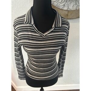 Y2K Striped Collared Long Sleeve Shirt Top Women Medium Ribbed
